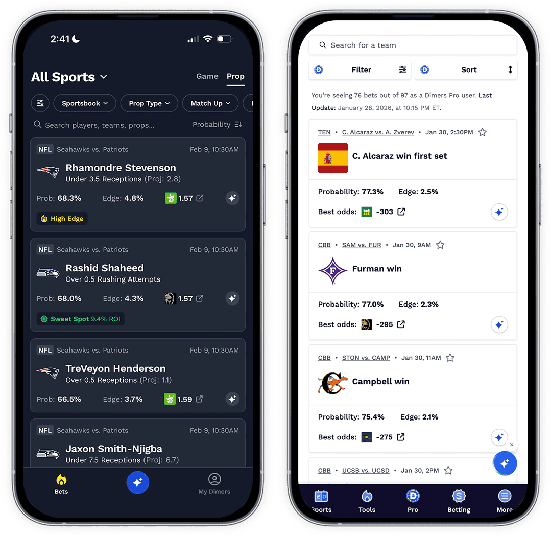 Dimers Pro app interface showing player props